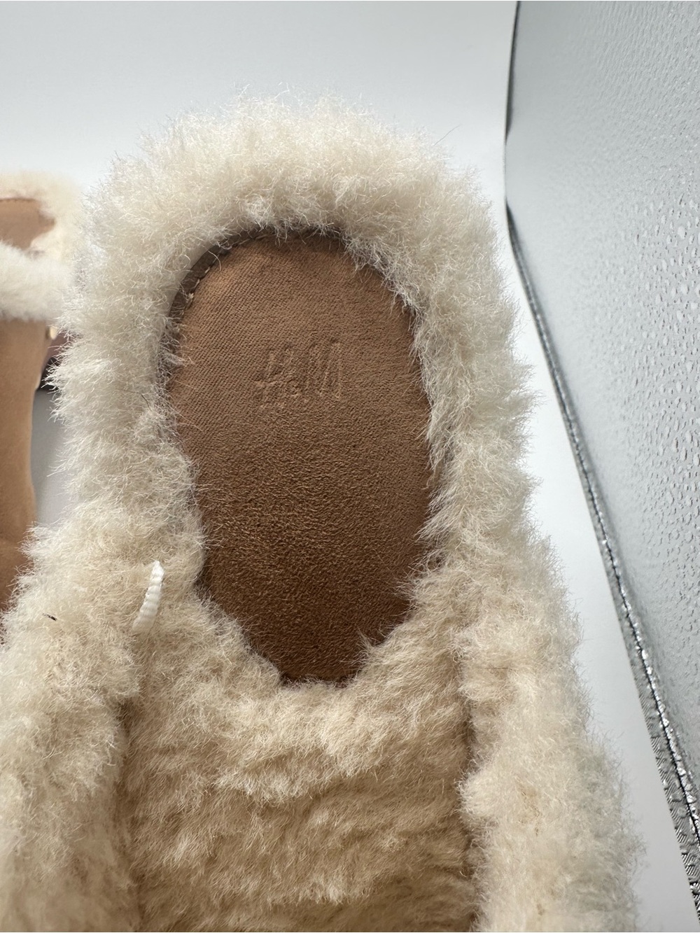 H&M Chestnut Suede Shearling-Trim Clog Mules with Gold Studs - Picture 4 of 8